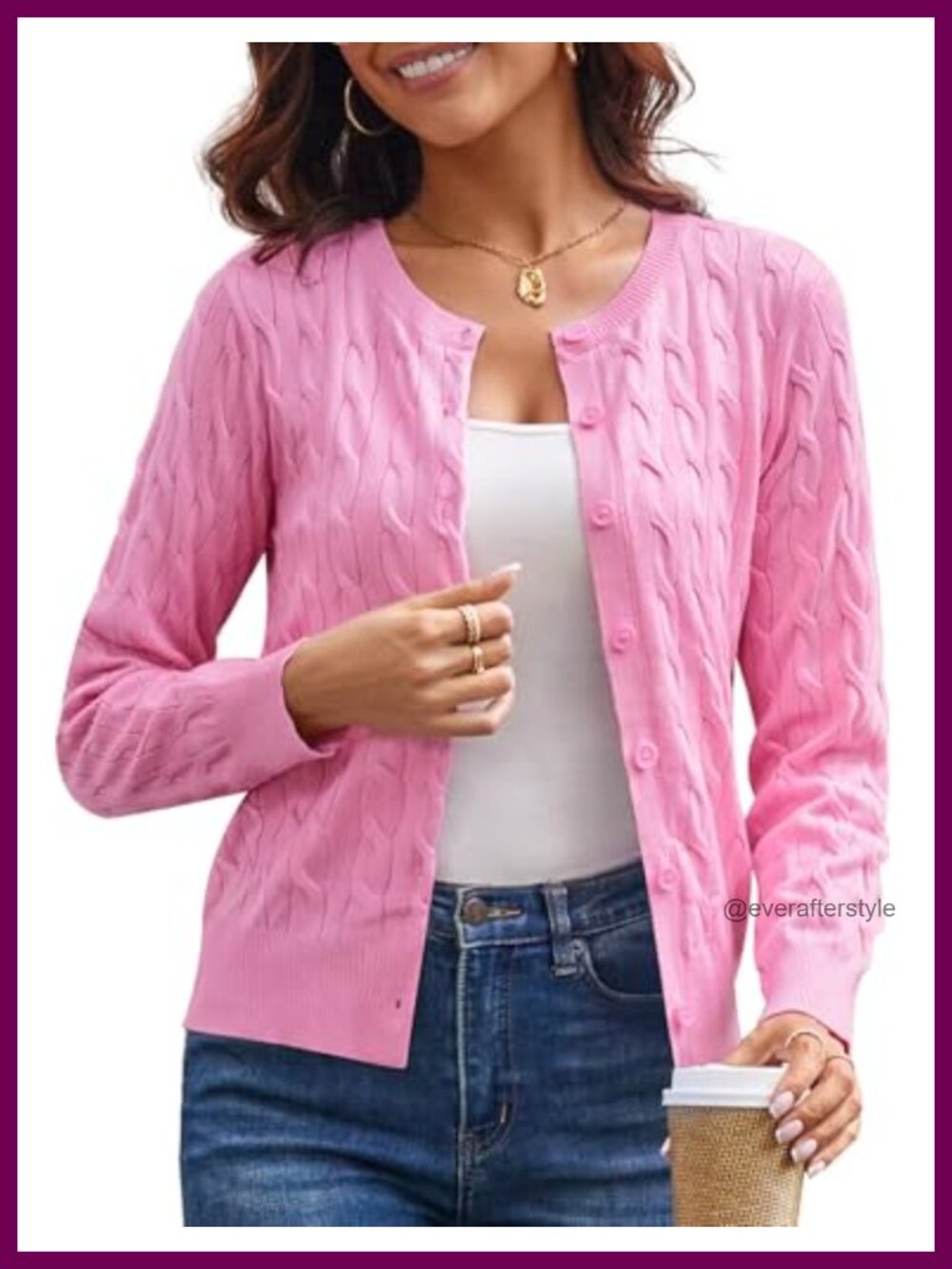 Cable Knit Cardigan Sweater Lightweight Cropped Button Up Crew Neck